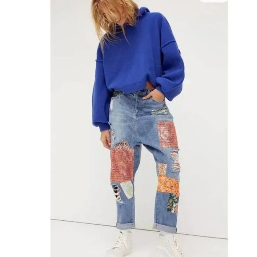 Free People High Rise Patchwork Jeans - Blue and Multicolor - Picture 3 of 14